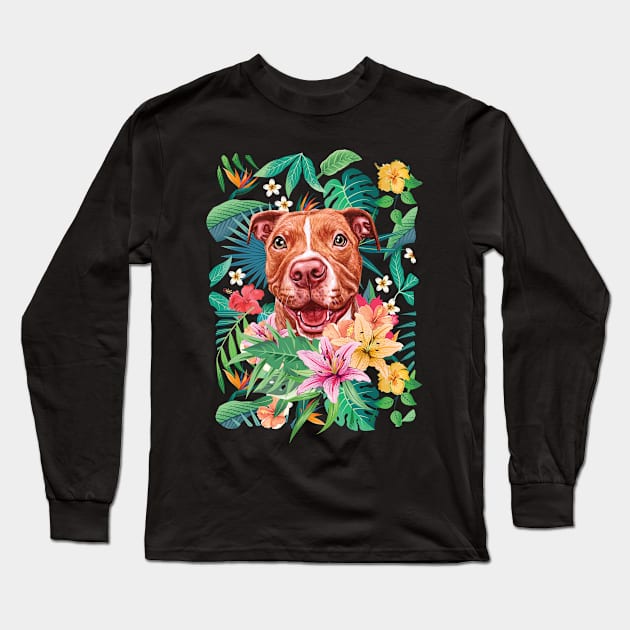 Tropical Red Pit Bull Pitbull 1 Long Sleeve T-Shirt by LulululuPainting